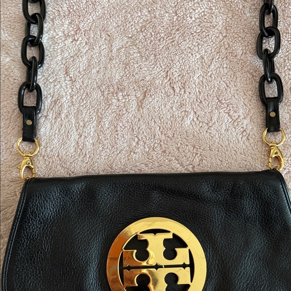Authentic Tory Burch Black Leather Shoulder Bag with Gold Logo - Picture 3 of 8